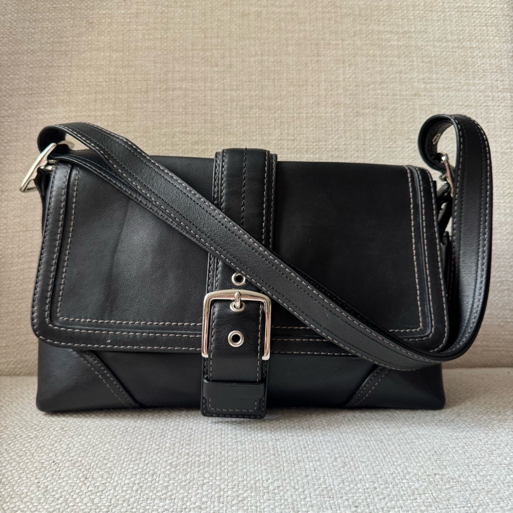 Coach Hampton Black Leather Buckle Flap Shoulder Bag